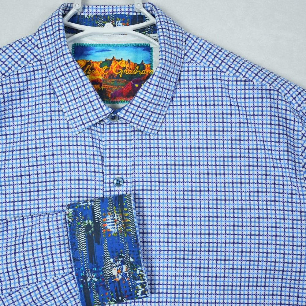 Robert Graham Mens XL Classic Fit Blue Grid Check Cotton Button Down Shirt
